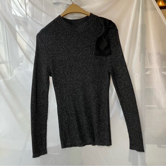 Black Sparkly mock turtleneck Sweater with Bow Detail - Picture 8 of 8